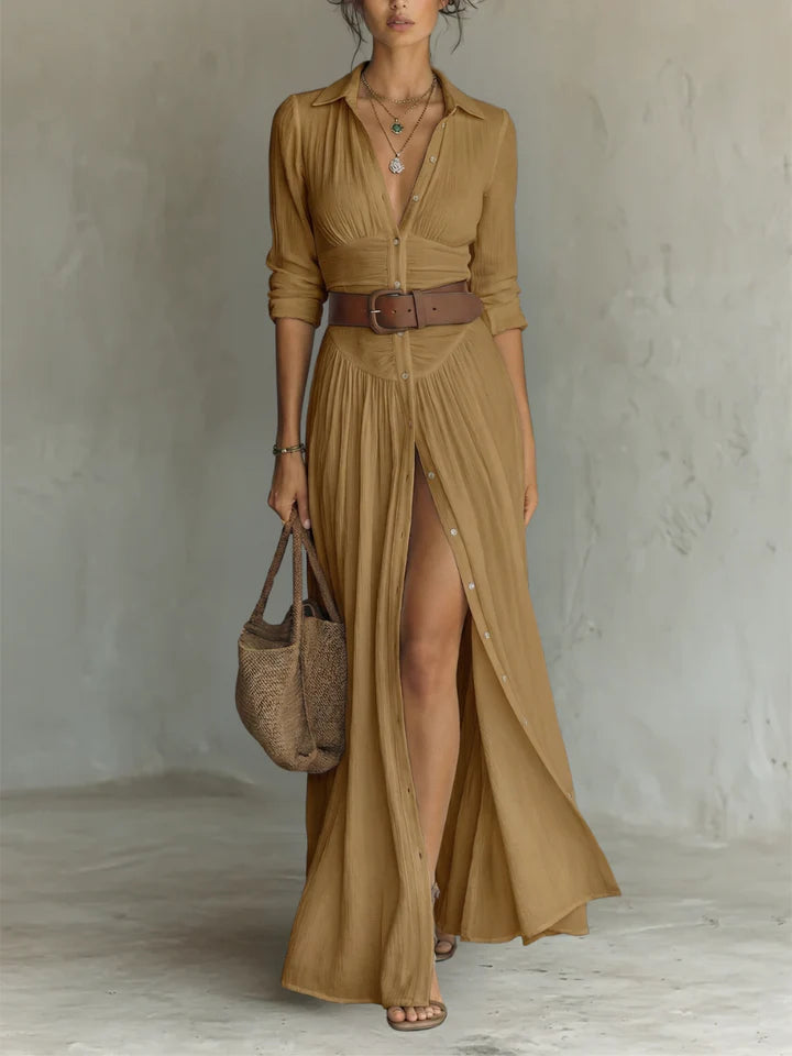 Vestido largo de lino para mujer con cuello de solapa y mangas largas