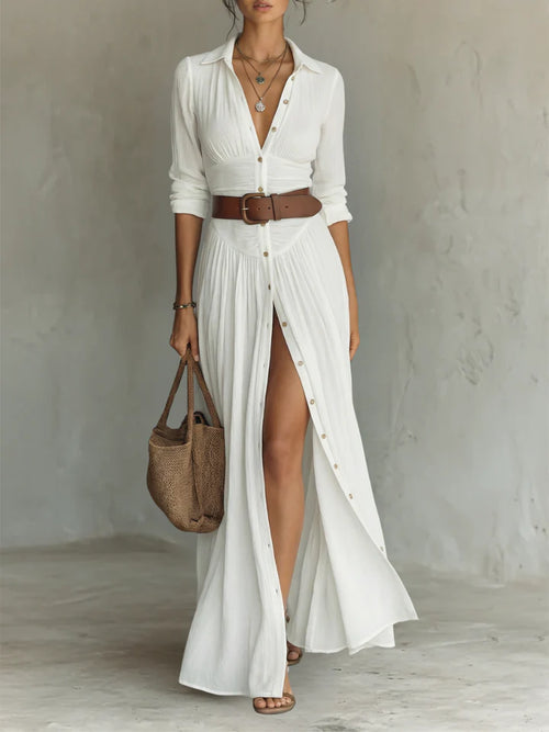 Vestido largo de lino para mujer con cuello de solapa y mangas largas