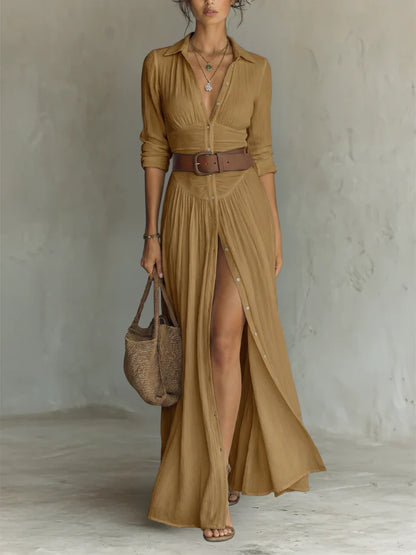 Vestido largo de lino para mujer con cuello de solapa y mangas largas