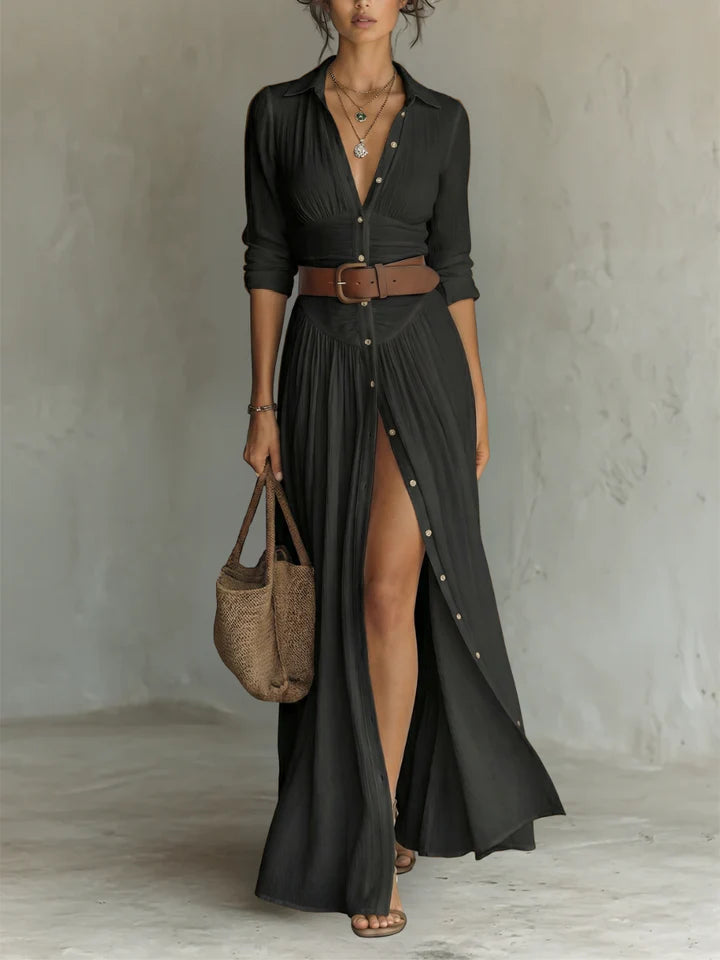 Vestido largo de lino para mujer con cuello de solapa y mangas largas