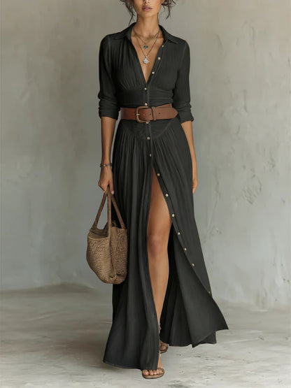 Vestido largo de lino para mujer con cuello de solapa y mangas largas