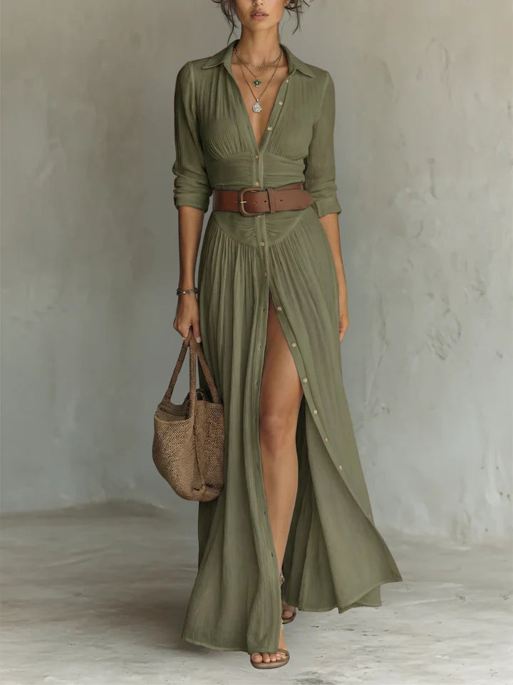 Vestido largo de lino para mujer con cuello de solapa y mangas largas